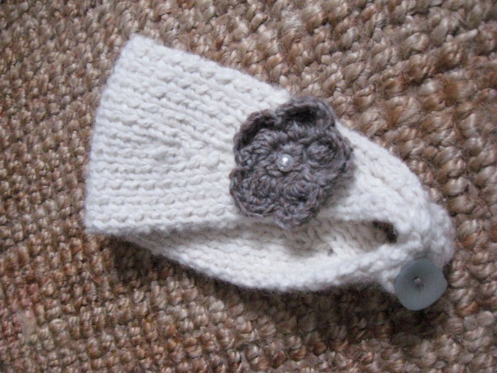 Handmade by Leanne Earwarmer with flower and pearl button Chunky Alpaca Yarn