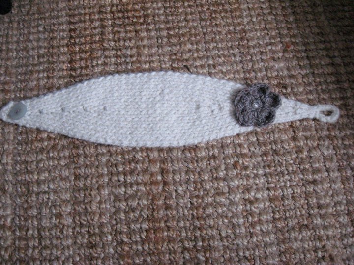 Handmade by Leanne Earwarmer with flower and pearl button Chunky Alpaca Yarn